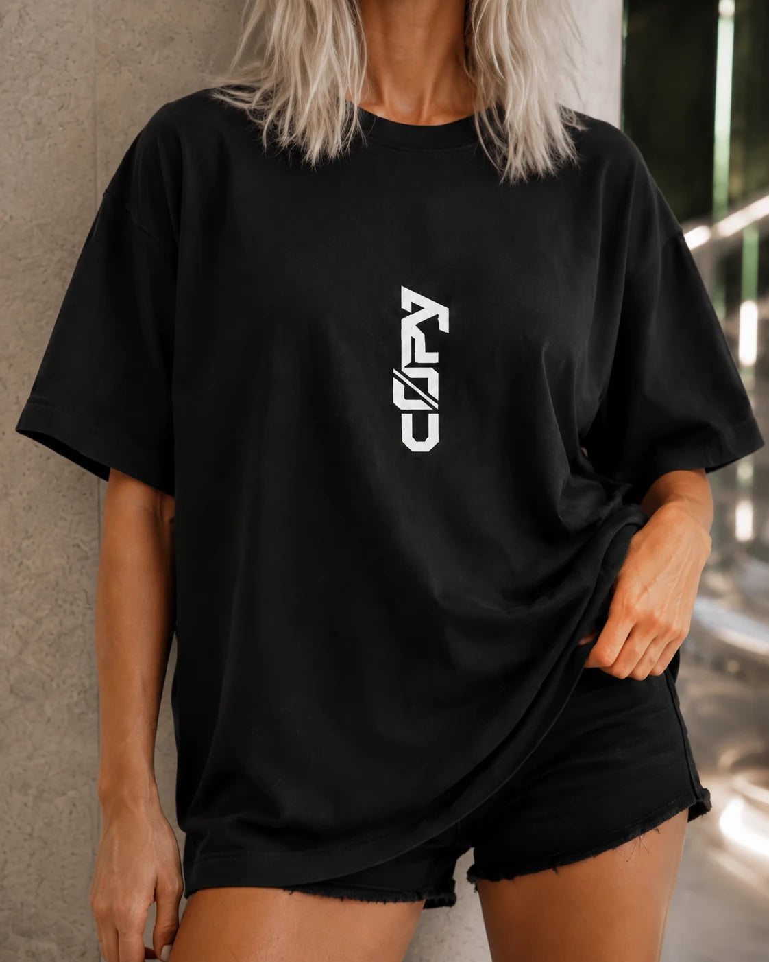 C0PY merchandise on the model: torso and print