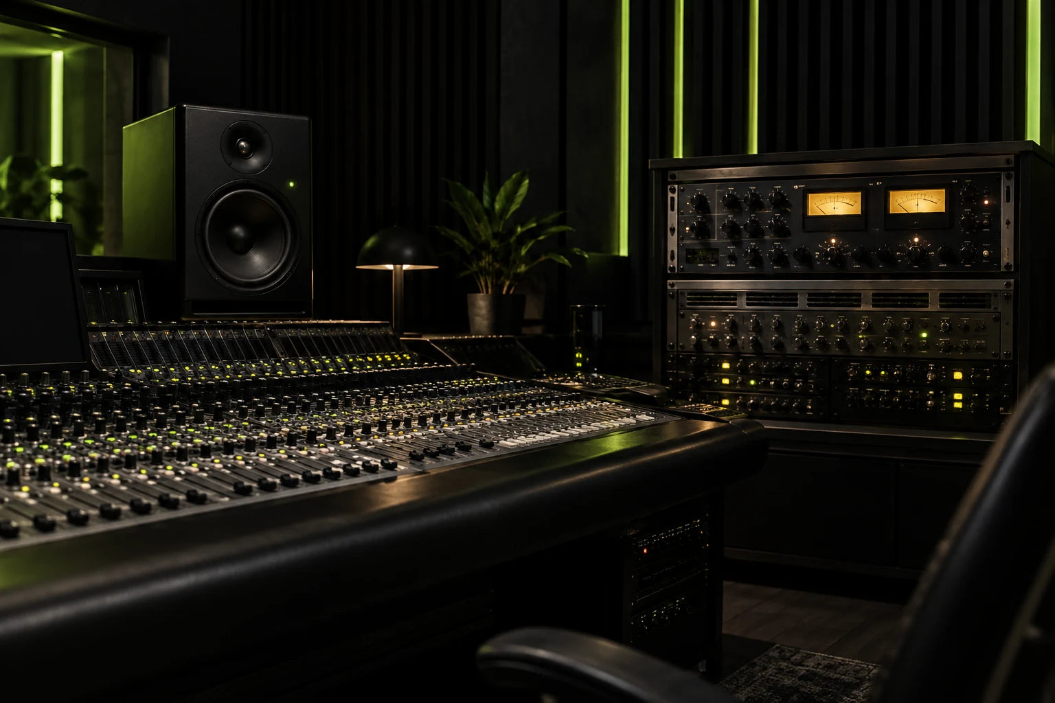 Mixing console and mastering rack in the studio