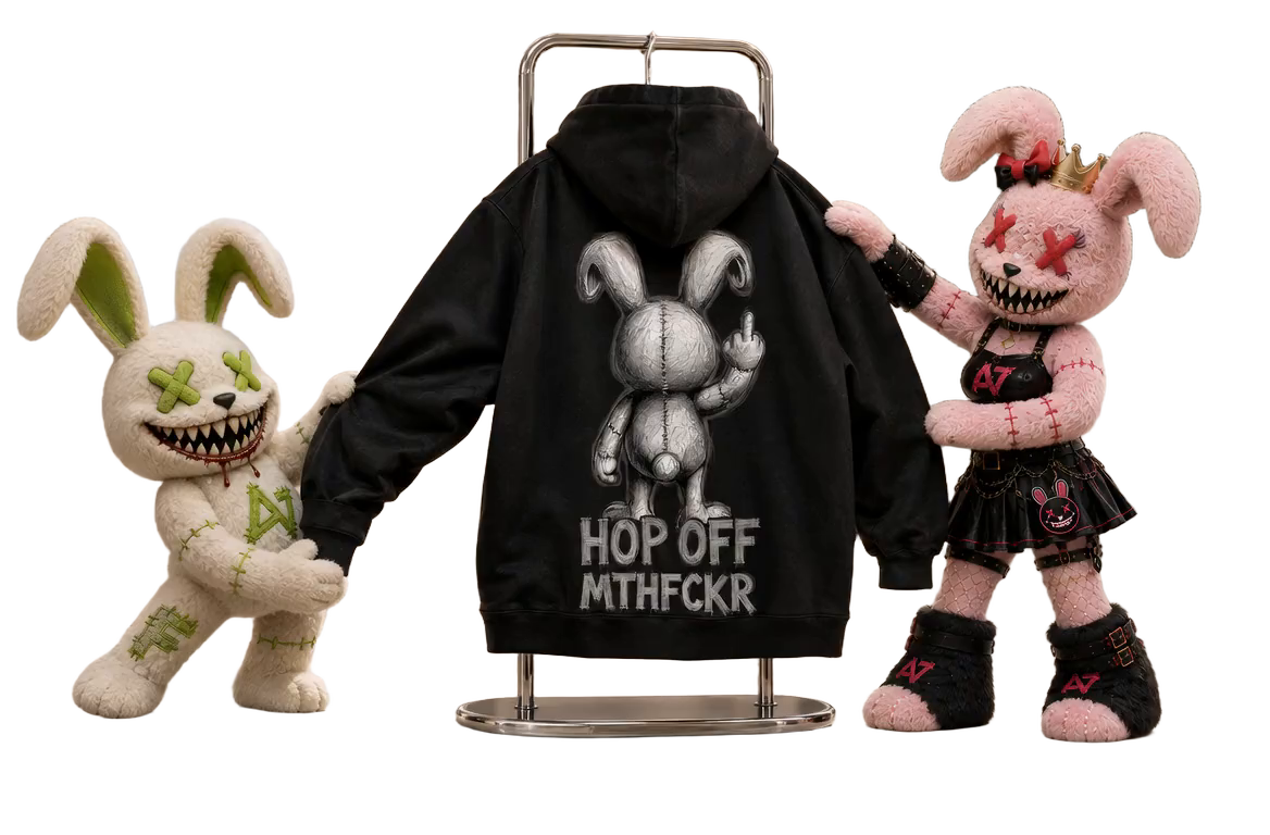 Fluffy tugs at the sleeve of the Limited Edition #2 hoodie, Vixxy straightens its shoulder.