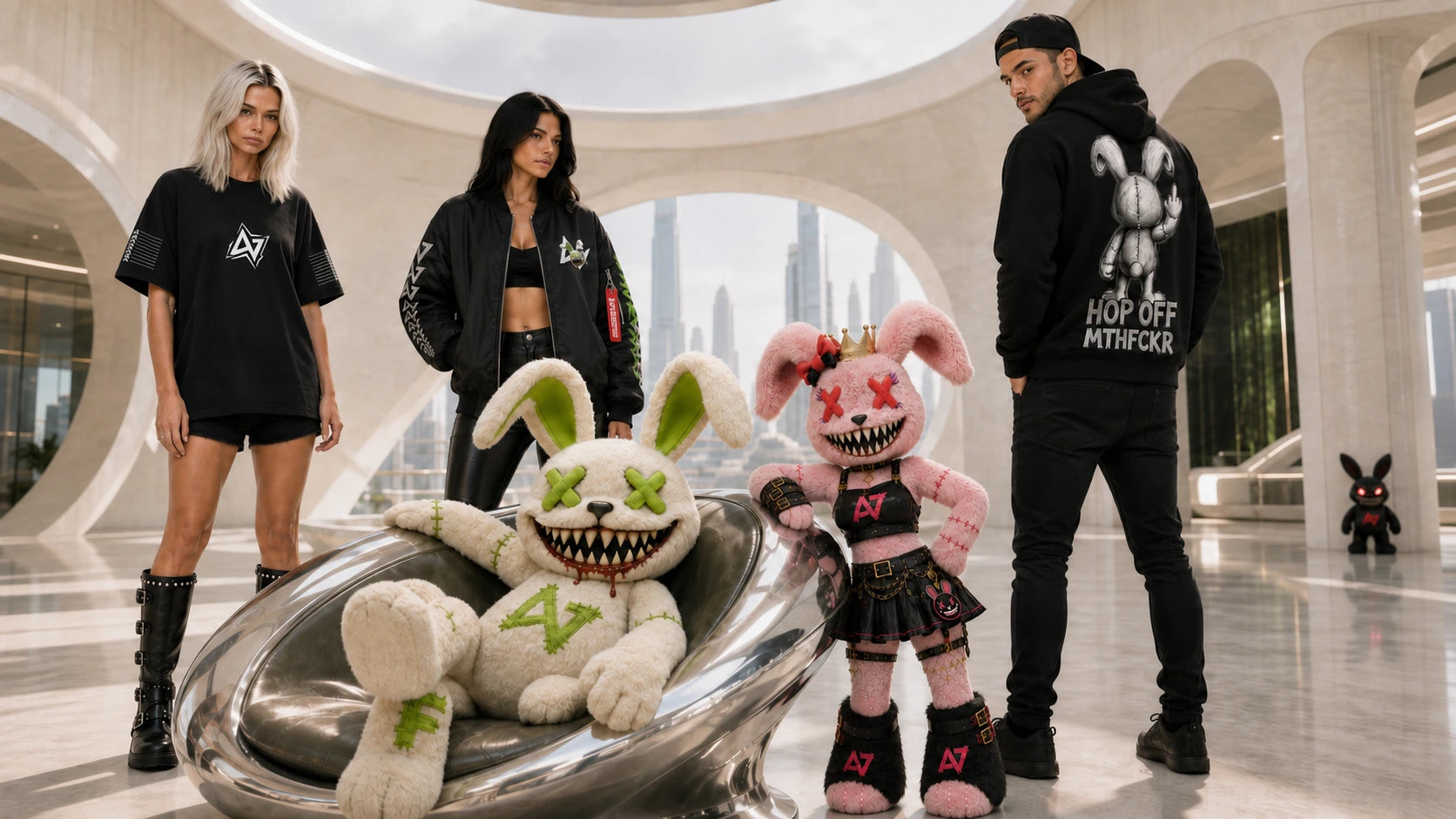 Athena in the R01 shirt, Celly in the bomber jacket and Kevin in the Limited Edition #2 hoodie with back print. Fluffy, Vixxy and Reverse Fluff in the ACTIVATED Tower.